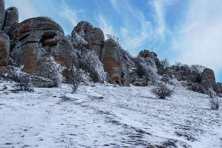 Mount Alenga near Southern Demerdzhi in snow and ice in early spring. Crimeaの写真素材