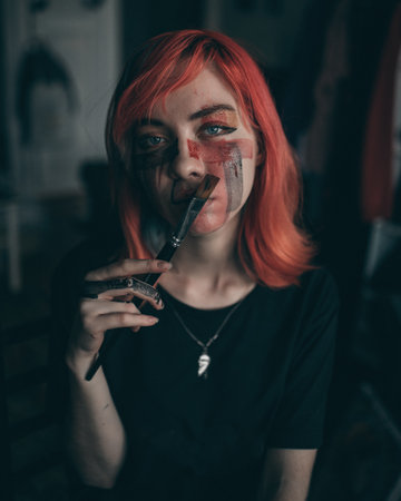 Young redhead woman artist applies red and black paint to her face with brushの写真素材