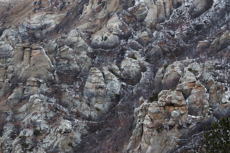 Bizarre rocks of Valley of ghosts on Mount Demerdzhi in early spring. Crimeaの写真素材