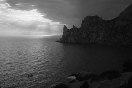 View of Karaul-Oba mountain, Cape Chicken-Kaya and Blue bay on sunset in spring. Novy Svet. Crimeaの写真素材