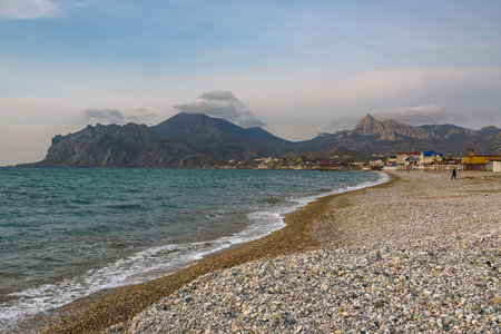 Empty pebble beach in spring in Koktebel. Crimeaの写真素材