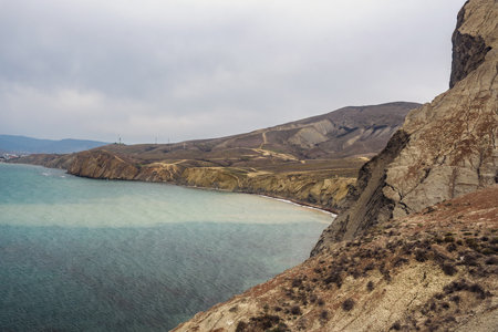 View of Dead Bay and picturesque hills from Cape Chameleon in surroundings of Koktebel in spring. Crimeaの写真素材
