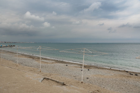 Empty beach in cloudy weather in spring. Feodosia. Crimeaの写真素材