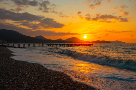View of sunrise on Koktebel beach. Crimeaの写真素材