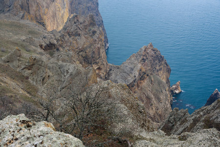View of Lion rock in the Black sea.. Karadag Reserve in early spring . Crimeaの写真素材