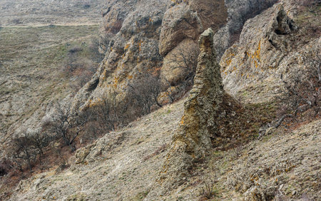 Bizarre rocks in Dead city. Khoba-Tele Ridge of Karadag Reserve in early spring. Crimeaの写真素材