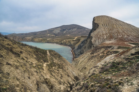 View of Dead Bay and picturesque hills from Cape Chameleon in surroundings of Koktebel in spring. Crimeaの写真素材