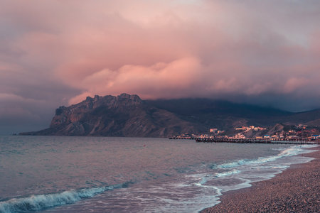 View of beach and mountain Kara Dag at morning in spring. Koktebel. Crimeaの写真素材