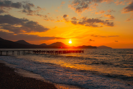View of sunrise on Koktebel beach. Crimeaの写真素材