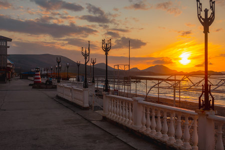 Empty embankment of Black sea at spring morning in Koktebel. Crimeaの写真素材