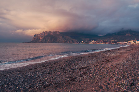 View of beach and mountain Kara Dag at morning in spring. Koktebel. Crimeaの写真素材