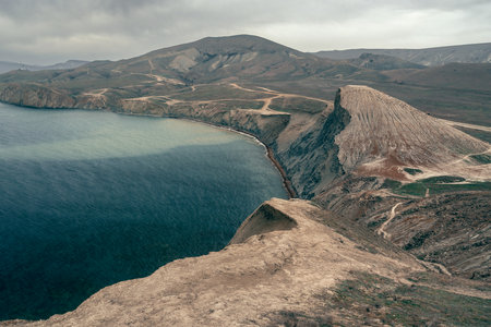 View of Dead Bay and picturesque hills from Cape Chameleon in surroundings of Koktebel in spring. Crimeaの写真素材