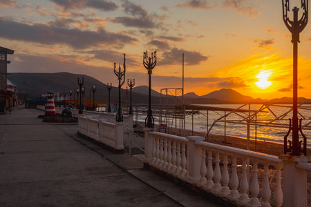 Empty embankment of Black sea at spring morning in Koktebel. Crimeaの写真素材