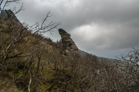 Landscape of Karadag Reserve in spring. View of different rocks on cloudy day. Crimeaの写真素材