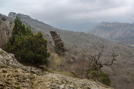 Landscape of Karadag Reserve in spring. View of different rocks on cloudy day. Crimeaの写真素材