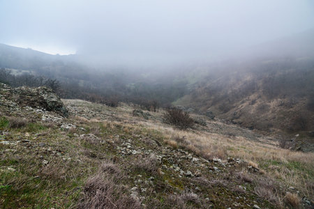 Landscape of Karadag Reserve in early spring. View of mountains in fog and clouds. Crimeaの写真素材