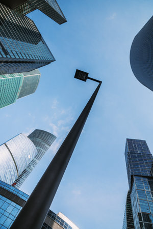 Skyscrapers in business district Moscow City. Bottom up view of the towers on blue sky background. Moscow. Russiaの写真素材