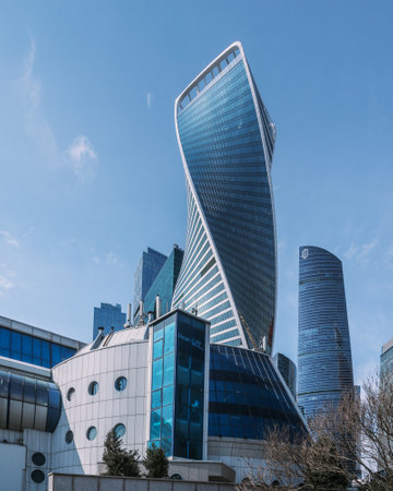 Evolution Tower in business district Moscow City on blue sky background. Moscow. Russiaの写真素材