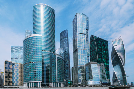 View of Skyscrapers of Moscow City district in sunny spring day. Moscow. Russiaの写真素材