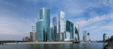 Panorama of Skyscrapers of Moscow City district in sunny spring day. Moscow. Russiaの写真素材