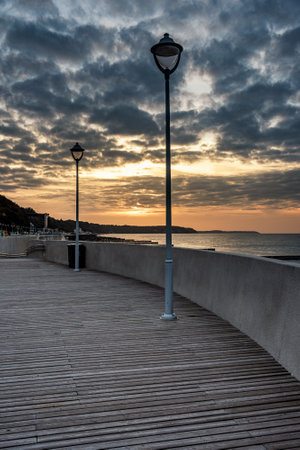 View of the beach of the Baltic sea in Svetlogorsk at sunset. Kaliningrad region. Russiaの写真素材