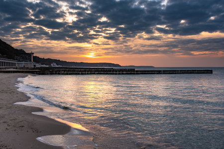 View of the beach of the Baltic sea in Svetlogorsk at sunset. Kaliningrad region. Russiaの写真素材