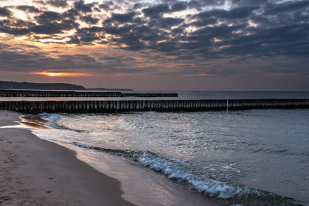 View of the beach of the Baltic sea in Svetlogorsk at sunset. Kaliningrad region. Russiaの写真素材