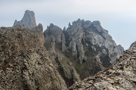 Bizarre rocks in Dead city. Khoba-Tele Ridge of Karadag Reserve in early spring. Crimeaの写真素材