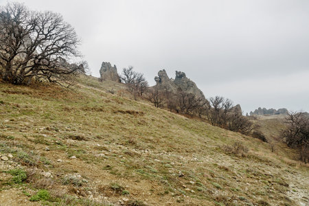 Bizarre rocks in Dead city. Khoba-Tele Ridge of Karadag Reserve in early spring. Crimeaの写真素材