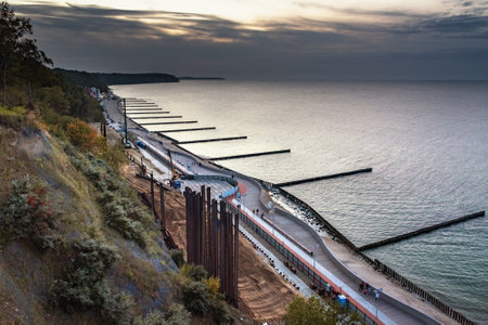 View of the beach of the Baltic sea in Svetlogorsk at sunset. Kaliningrad region. Russiaの写真素材