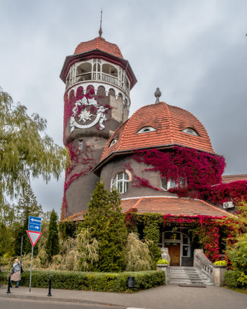 Svetlogorsk, Kaliningrad region, Russia - September 30, 2021: Entrance to Water tower and adjoining rotundal building of the water and mud baths at autumnのeditorial素材