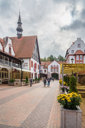 Svetlogorsk, Kaliningrad region, Russia - September 30, 2021: Central town square with stylized buildings at autunm dayのeditorial素材
