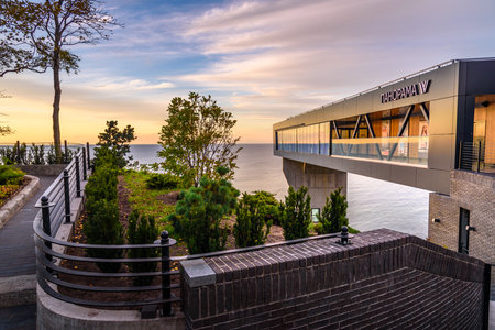 Svetlogorsk, Kaliningrad region, Russia - September 30, 2021: Observation deck with elevator lift, panoramic platform on sea view in Svetlogorsk at susetのeditorial素材