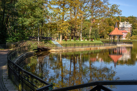 Svetlogorsk, Kaliningrad region, Russia - Oktober 01, 2021: View of Lake Tikhoe in autumn day. Svetlogorsk. Kaliningrad region. Russiaのeditorial素材