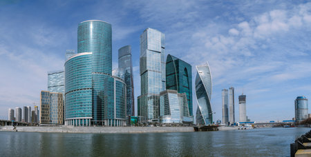 Panorama of Skyscrapers of Moscow City district in sunny spring day. Moscow. Russiaの写真素材