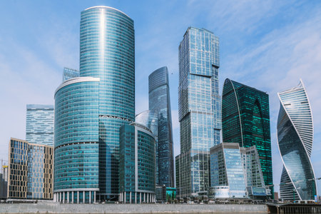 View of Skyscrapers of Moscow City district in sunny spring day. Moscow. Russiaの写真素材