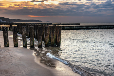 Wooden groynes on the beach of Baltic sea in Svetlogorsk at sunset. Kaliningrad region. Russiaの写真素材