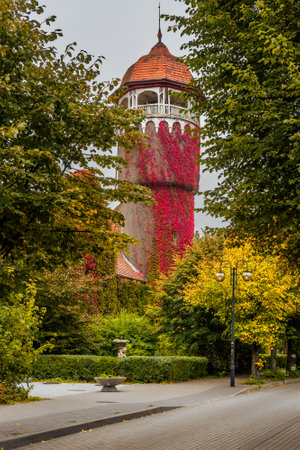 Old water tower, one of the symbols of the city Svetlogorsk at autumn. Kaliningrad region. Russiaの写真素材