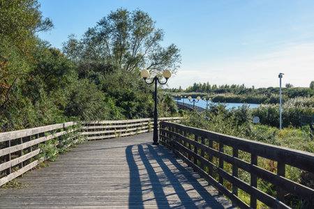 Wooden long promenade along the Baltic Sea coast. Yantarny. Kaliningrad region. Russiaの写真素材