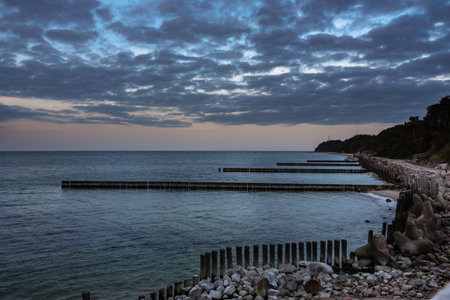 View of the beach of the Baltic sea in Svetlogorsk at sunset. Kaliningrad region. Russiaの写真素材