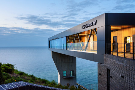 Svetlogorsk, Kaliningrad region, Russia - September 29, 2021: Observation deck with elevator lift, panoramic platform on sea view in Svetlogorsk at nightのeditorial素材