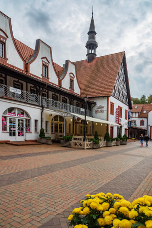 Svetlogorsk, Kaliningrad region, Russia - September 30, 2021: Central town square with stylized buildings at autunm dayのeditorial素材