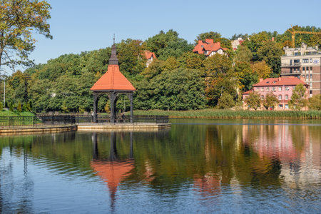 Svetlogorsk, Kaliningrad region, Russia - Oktober 01, 2021: View of Lake Tikhoe in autumn day. Svetlogorsk. Kaliningrad region. Russiaのeditorial素材