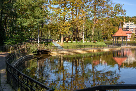 Svetlogorsk, Kaliningrad region, Russia - Oktober 01, 2021: View of Lake Tikhoe in autumn day. Svetlogorsk. Kaliningrad region. Russiaのeditorial素材
