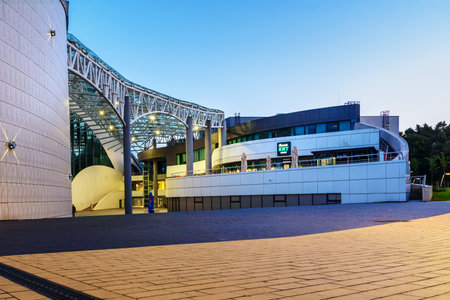 Svetlogorsk, Kaliningrad region, Russia - September 29, 2021: Concert complex Yantar Hall, variety theater Amber Hallin the eveningのeditorial素材