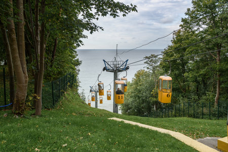 Svetlogorsk, Kaliningrad region, Russia - September 30, 2021: Small cable car to the sea and promenadeのeditorial素材