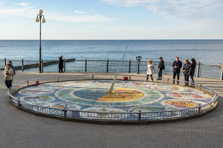 Svetlogorsk, Kaliningrad region, Russia - September 30, 2021: Sundial clock with zodiac signs on promenadeのeditorial素材