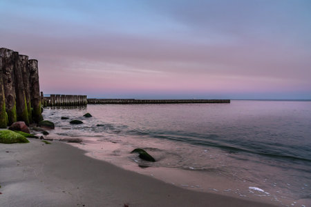 View of the beach of the Baltic sea in Svetlogorsk at sunrise. Kaliningrad region. Russiaの写真素材