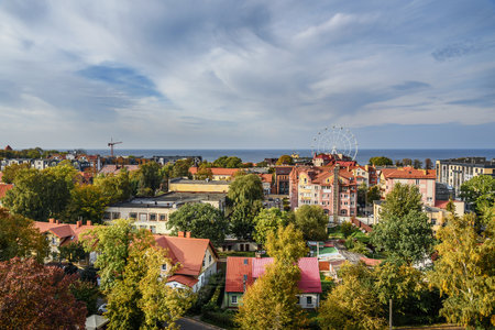 Aerial view city Zelenogradsk from observation deck of Water Tower at autumn. Russiaの写真素材