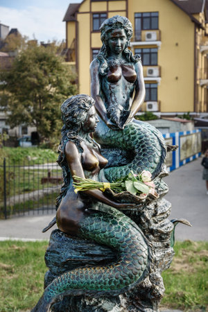 Russia, Zelenogradsk - October 03, 2021: Sculptural composition Mermaids on promenadeのeditorial素材